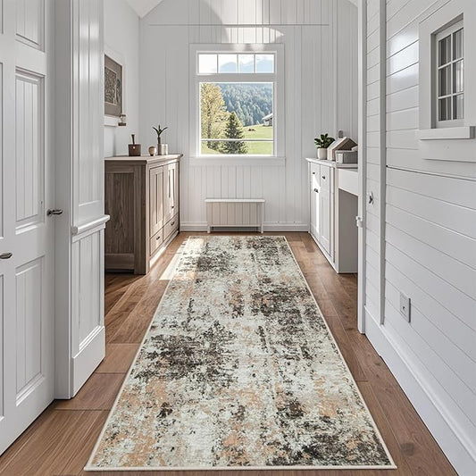 Runner Rug for Hallways Kitchen 2'6"x8' Washable Non Slip: Carpet Non Skid 8ft Entryway Rubber Backed 8 Feet Neutral Abstract Modern Rug Low Pile Pet Friendly Indoor Brown Beige