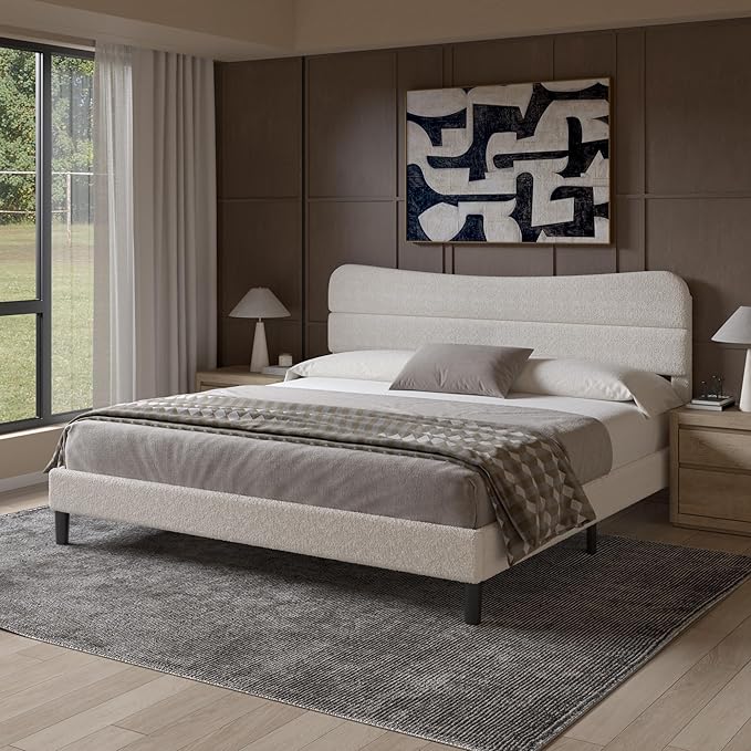 King Size Bed Frame, Upholstered King Bed Frame and Headboard, Teddy Soft Boucle Fabric bedframe King Size, Soft Cloud Marshmallow Shape Upholstered Headboard, No Box Spring Needed, Noise Free (White)