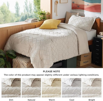 Bedsure Twin Comforter Set - Beige Comforter, Boho Tufted Shabby Chic Bedding for Kids, 2 Pieces Vintage Farmhouse Bed Set for All Seasons, Fluffy Soft Bedding with 1 Pillow Sham