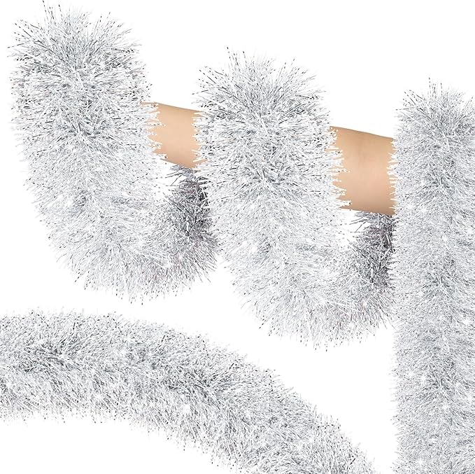 Lush Christmas Tinsel Garland, Silver & White Radiant Metallic Twist Streamers for Holiday Decor, Plush & Full Xmas Tree Garland for an Elegant Festive Atmosphere, Indoor & Outdoor Party Supplies