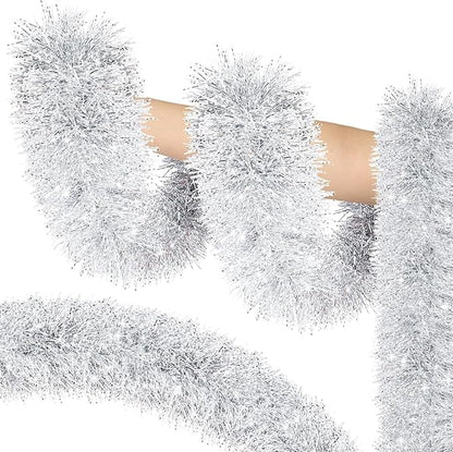 Lush Christmas Tinsel Garland, Silver & White Radiant Metallic Twist Streamers for Holiday Decor, Plush & Full Xmas Tree Garland for an Elegant Festive Atmosphere, Indoor & Outdoor Party Supplies