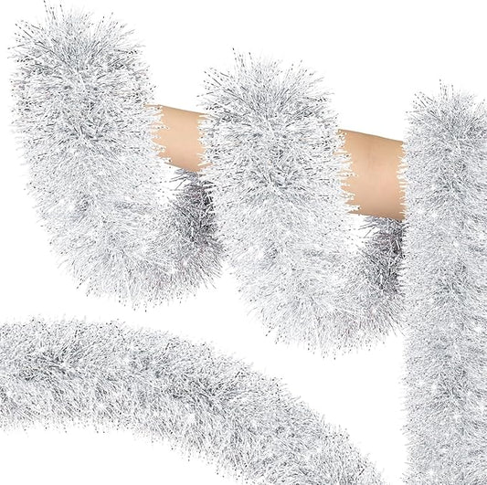 Lush Christmas Tinsel Garland, Silver & White Radiant Metallic Twist Streamers for Holiday Decor, Plush & Full Xmas Tree Garland for an Elegant Festive Atmosphere, Indoor & Outdoor Party Supplies