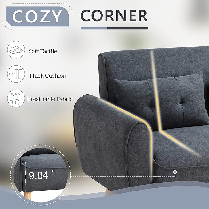 Shintenchi Small Modern Loveseat Couch Sofa, Mid Century Fabric Upholstered 2-Seat Sofa Couch Love Seats, Dark Grey