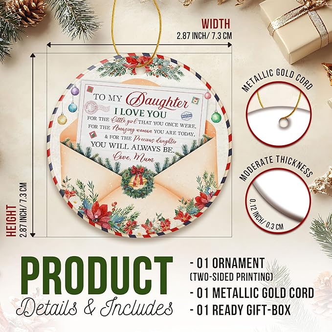 ZAGKOO Daughter Ornament 2025 – Inspirational from Mom – to My Daughter Keepsake Ornament – Ceramic Christmas Tree Decoration
