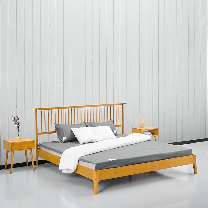 NTC Ruby Wooden Bed Frame with Headboard, Solid Oak and Rubber Wood Foundation with Silent Slats and Wood Central Supports, 1000 Lb Capacity, Effortless Assembly, King - Rustic Oak