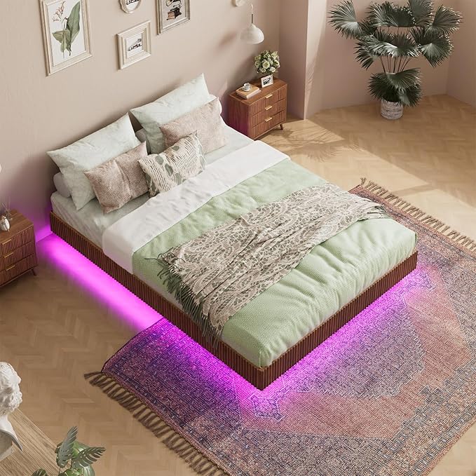 Evermagin Walnut Full Floating Bed Frame with led Lights, Mid Century Modern Fluted Floating Platform Bed No Headboard, Heavy Duty Metal Float Bedframe, No Box Spring Needed