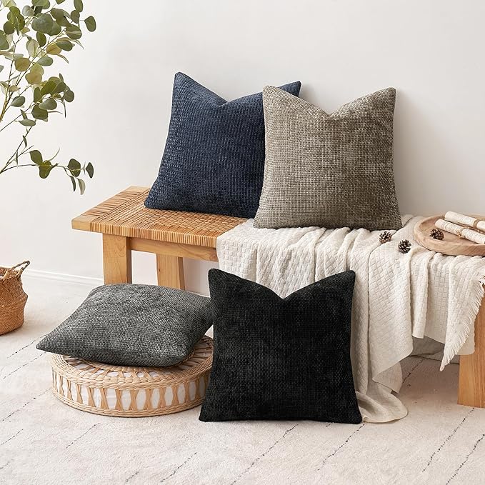 MIULEE Pack of 4 Throw Pillow Covers 18x18 Inch Neutral Navy/Grey Soft Decorative Chenille Pillow Covers Farmhouse Accent Cushion Covers for Boho Home Decor Bedroom Living Room