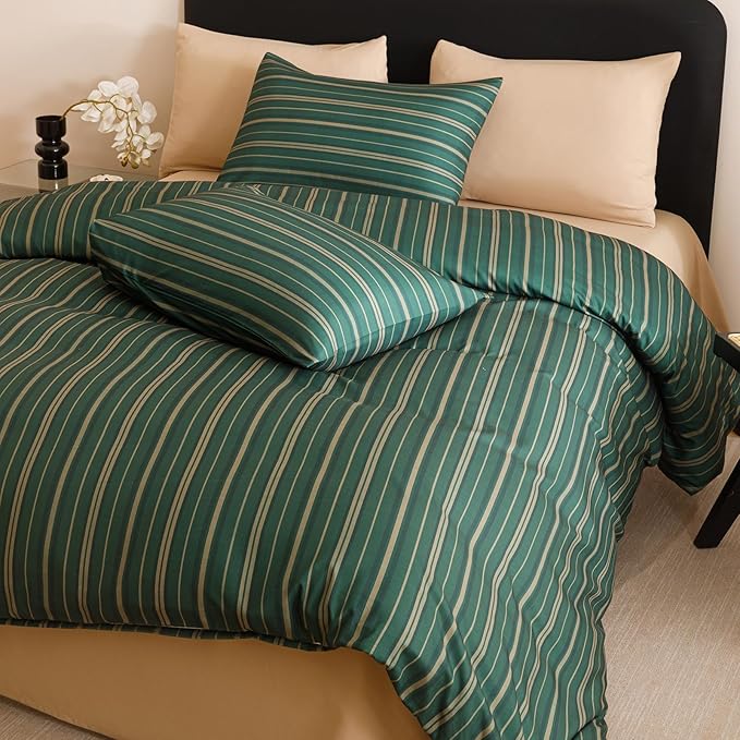 CLOTHKNOW Green Striped King Size Comforter Set 3Pcs Farmhouse Bedding Comforter Sets Ticking Farmhouse Comforter with 2 Pillow Cases