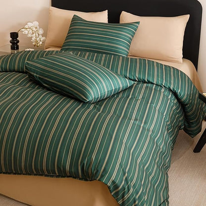 CLOTHKNOW Green Striped King Size Comforter Set 3Pcs Farmhouse Bedding Comforter Sets Ticking Farmhouse Comforter with 2 Pillow Cases