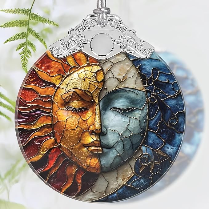 Christmas Ornament, 2025 Ornaments for Christmas Tree, Stained Glass Hanging Ornament, Holiday Ornaments, Unique Gift Idea - Sun and Moon Coexist