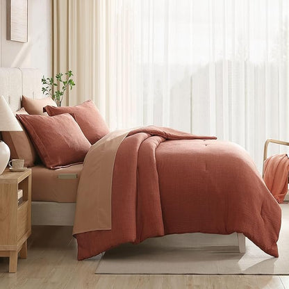 Geniospin Full Size Comforter Set- 7 Pieces Terracotta Textured King Bedding Set, Soft Solid Bed in a Bag for All Seasons, Fall Comforter Set with Sheets