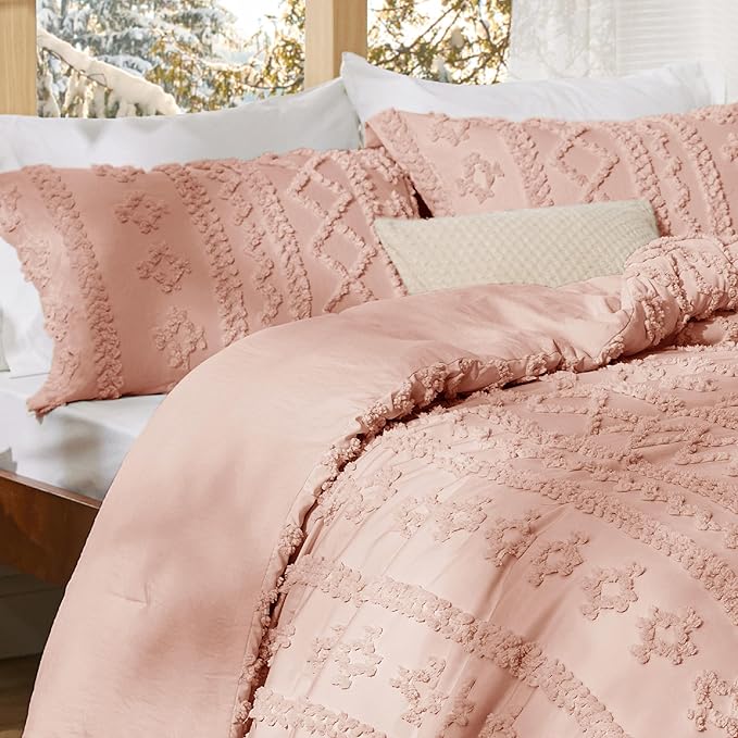 Bedsure Tufted Boho Comforter Set Twin Size - Pink Boho Bed Set, GentleSoft™ 2 Pieces Farmhouse Shabby Chic Embroidery Bedding, Gifts for Woman, Soft Jacquard Twin Comforter for All Seasons