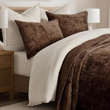 EVERGRACE Velvet Quilt Set King Size, Luxurious Soft Quilted Bedding Sets, Lightweight Velvet Comforter for All Season, Striped Channel Bedspread Coverlet with 2 Shams, Red Rust Brown
