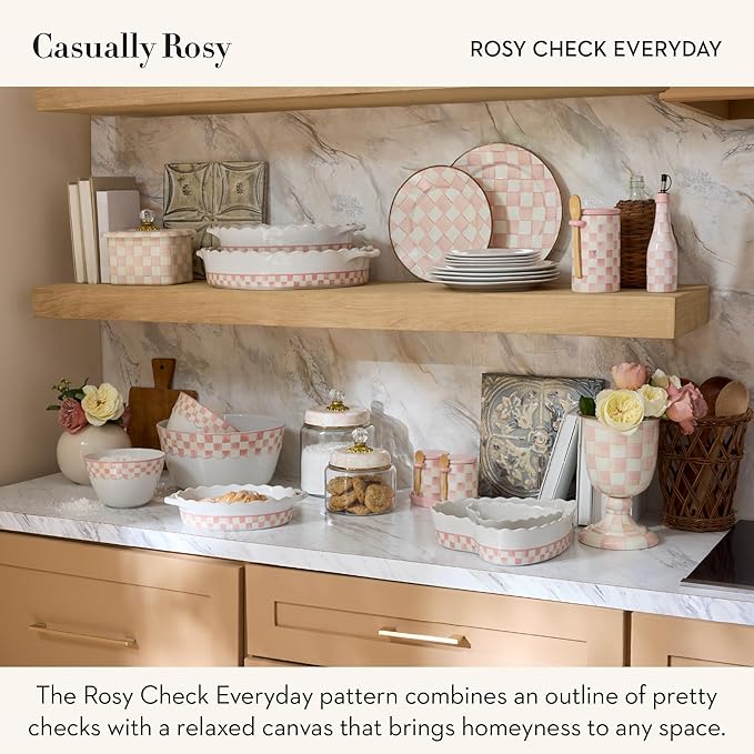 MACKENZIE-CHILDS Everyday Oval Casserole Baker, Cute Oven Baker, Medium, Pink-and-White Rosy Check