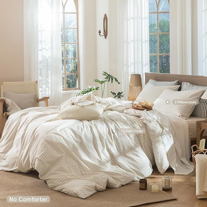 MooMee Striped Duvet Cover Set 100% Washed Cotton Linen Like Textured Breathable Durable Soft Comfy (Almond Milk Grey Classic Stripes, Palatial King/Oversized King 120"x98")