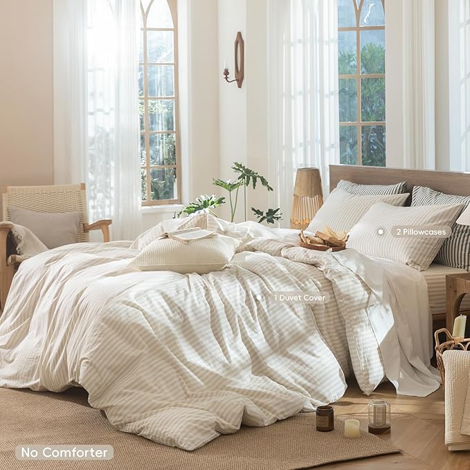 MooMee Striped Duvet Cover Set 100% Washed Cotton Linen Like Textured Breathable Durable Soft Comfy (Almond Milk Grey Classic Stripes, Cal King 104"x98")