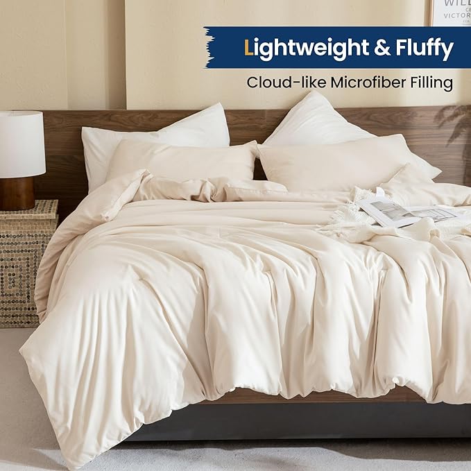 Paxrac Beige Comforter Set California King, Cream 3 Pieces Oversized King Comforter, Lightweight Solid Neutral Bedding Set, All Seasons Soft Cal King Comforter Set (104x96In Comforter & 2 Pillowcases)