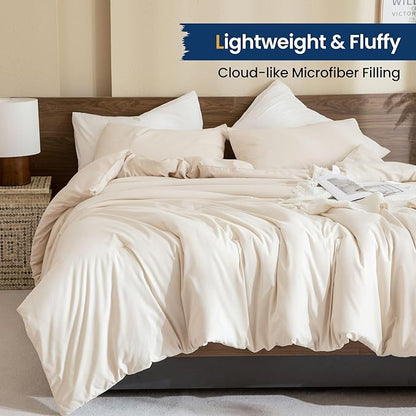 Paxrac Beige Comforter Set California King, Cream 3 Pieces Oversized King Comforter, Lightweight Solid Neutral Bedding Set, All Seasons Soft Cal King Comforter Set (104x96In Comforter & 2 Pillowcases)