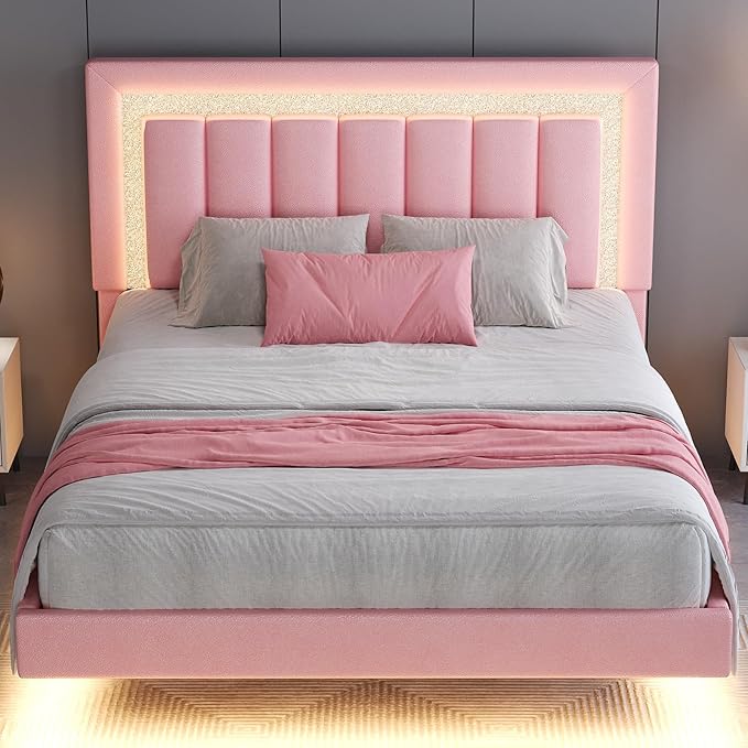 HOMBCK Floating Bed Frame Queen with Smart LED Lights, Faux Leather Upholstered Bed with Diamond PU Headboard, No Box Spring Needed, Noise-Free, Easy Assembly, Pink