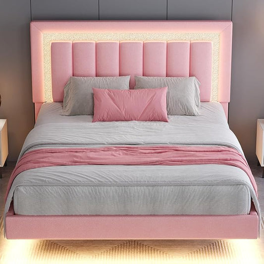 HOMBCK Floating Bed Frame Queen with Smart LED Lights, Faux Leather Upholstered Bed with Diamond PU Headboard, No Box Spring Needed, Noise-Free, Easy Assembly, Pink