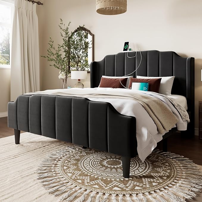 Allewie Vintage Full Size Velvet Platform Bed Frame with Curved Vertical Tufted Wingback Headboard and Footboard, Charging Station, Easy Assembly, Under Bed Storage, No Box Spring Required, Black