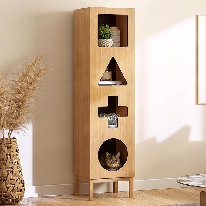 WERMO 18’’ Showcase Display Cabinet with Geometric Cut-Out Doors - Modern Curio Cabinet for Dining Room, Living Room, Entryway. Trophy Case and Collectible Display Case Wood with Door & Storage Consoles (Oak)