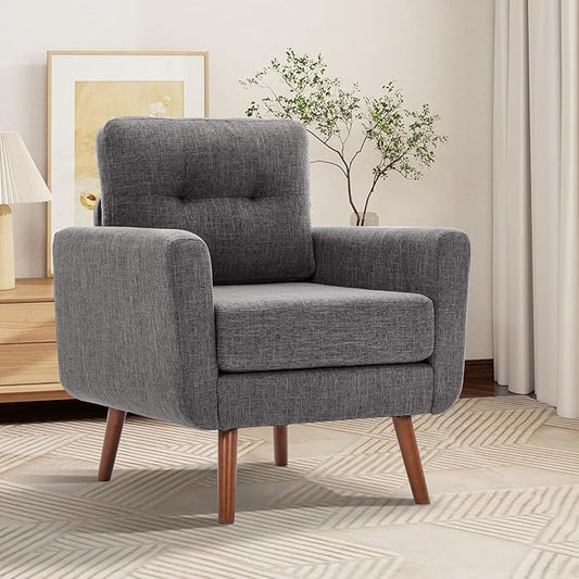 Tbfit Accent Chair, Reading Chair for Living Room & Bedroom, Mid Century Modern Arm Chair, Button Tufted Upholstered Accent Chairs Sofa with Solid Wood Frame (Stone Grey)