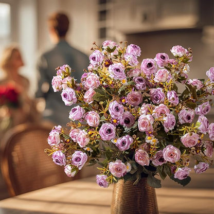Artificial Flowers for Outdoor 4 Bundles Rose Bouquet with Daisy Faux Flowers UV Resistant for Home Indoor Outside Garden Porch Window Box Balcony Yard Porch Decor (Purple)