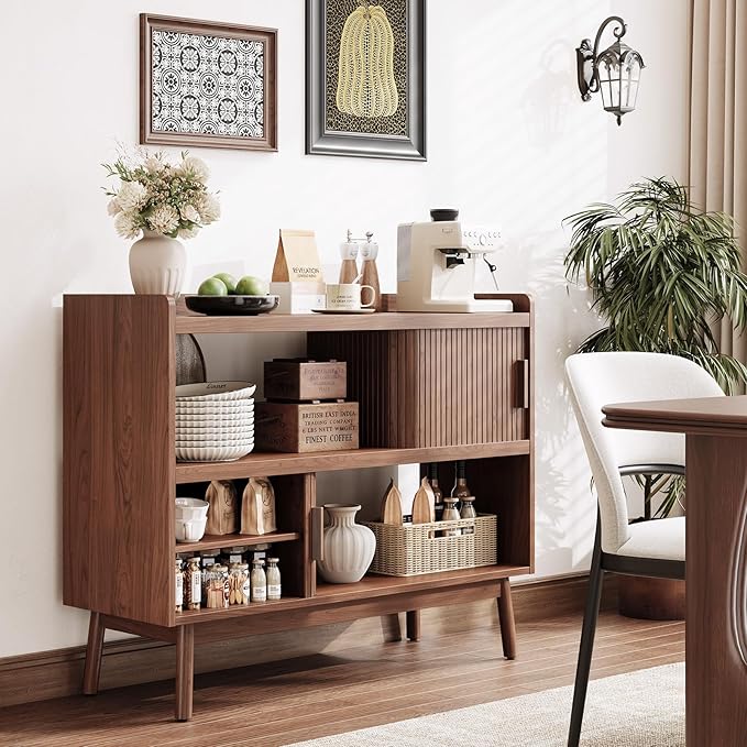 ONBRILL 44" Sideboard Buffet Cabinet with Outlet & 2 Open Storage Spaces, Fluted Sideboard Cabinet with Sliding Door & Adjustable Shelves, Mid-Century Accent Coffee Bar Console Table with Wooden Feet