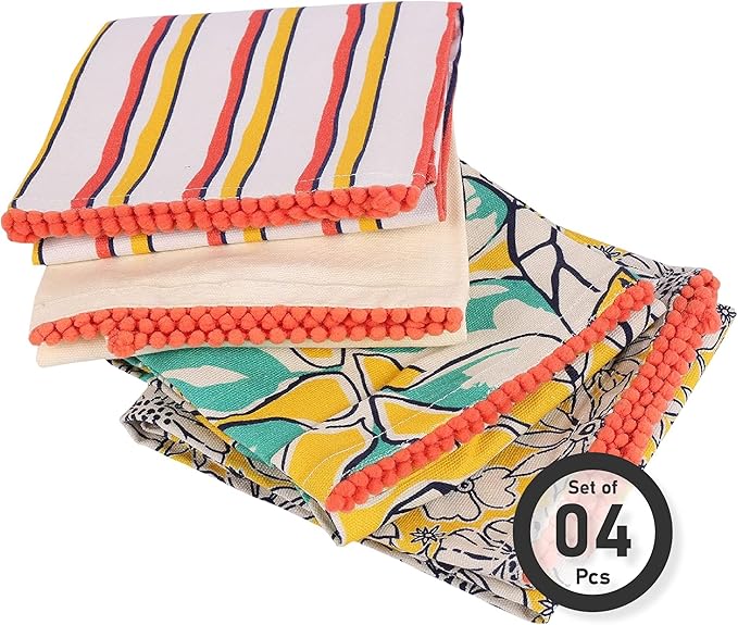 TARAN LIVING Valentine's Printed Kitchen Dish Bar and Tea Towels Cotton, 18x28 inch with Trims, Cotton Dish Towel Sets (Yellow, Set of 4)