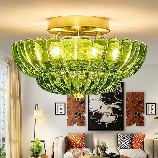 Modern Mid Century Gold Semi Flush Mount Ceiling Light Fixture,3 Lights Green Glass Close to Ceiling Lighting Fixtures for Bedroom Hallway Kitchen Foyer Bathroom Closet Laundry Room 11.8 inch