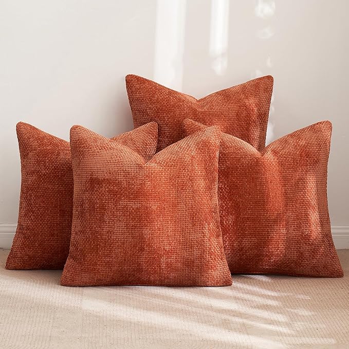 MIULEE Fall Pack of 4 Throw Pillow Covers 16x16 Inch Burnt Orange Soft Decorative Chenille Pillow Covers Farmhouse Accent Cushion Covers for Boho Home Decor Bedroom Living Room