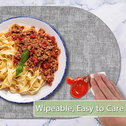 Placemats Set of 12 Washable, Heat Resistant Table Placemats Wipeable Faux Leather Oval Place Mats Non Slip, Waterproof Oval Table Mats for Indoor Outdoor, Gray