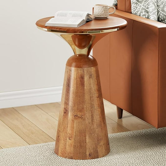 Christopher Knight Home Laveer Wood End Table, Indoor Round Side Table, Small Drink Table, Modern Solid Wood Accent Table Coffee Table for Living Room Bedroom or Small Spaces, Gold+Honey