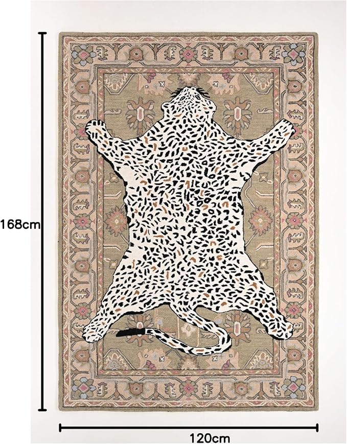 Handmade Leopard Wool Area Rug with Traditional Oushak Motif – Exquisite Animal Print Cheetah Rugs for Living Room, Bedroom | Plush Texture, Vintage Style, Thick & Durable Carpet (Neutral, 10' x 14')