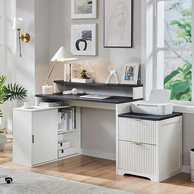 JXQTLINGMU 67" Modern L Shaped Desk with Storage Cabinet & Drawers, Wood Home Office Desk with Power Outlets, Fluted Computer Writing Desk, Antique White