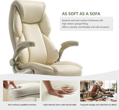 EUREKA ERGONOMIC Galene Executive Office Chair Flip Up Arm Rest, Ergonomic Desk Chair Faux Leather Computer Chair, High Back Office Chair with Headrest, Home Desk Chairs with Wheels, Beige