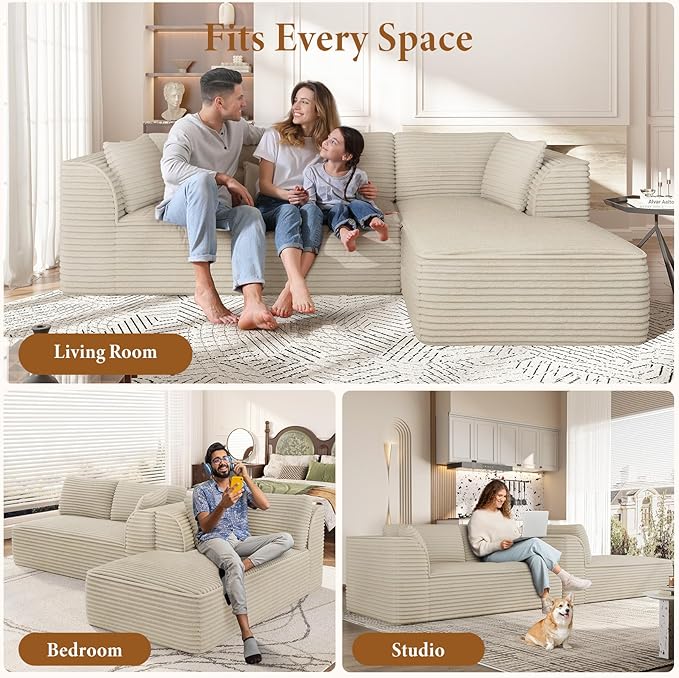 Vesgantti 106" Modular Sectional Sofa with Chaise, Deep Seat Comfy Cloud Couch Corduroy L Shaped Sofa Sectional Couches for Living Room Bedroom, No Assembly Required (Camel, Right-Facing Chaise)