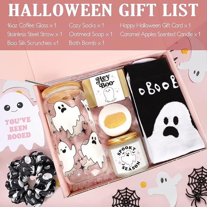 Boo Basket Stuffers for Women, Halloween Gifts for Women Girls Adults, Spooky Gifts Basket, Halloween Glass with Lids Straw, Cute Spooky Glass Gift for Woman Her Sister Friend
