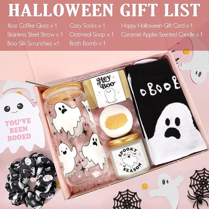 Boo Basket Stuffers for Women, Halloween Gifts for Women Girls Adults, Spooky Gifts Basket, Halloween Glass with Lids Straw, Cute Spooky Glass Gift for Woman Her Sister Friend