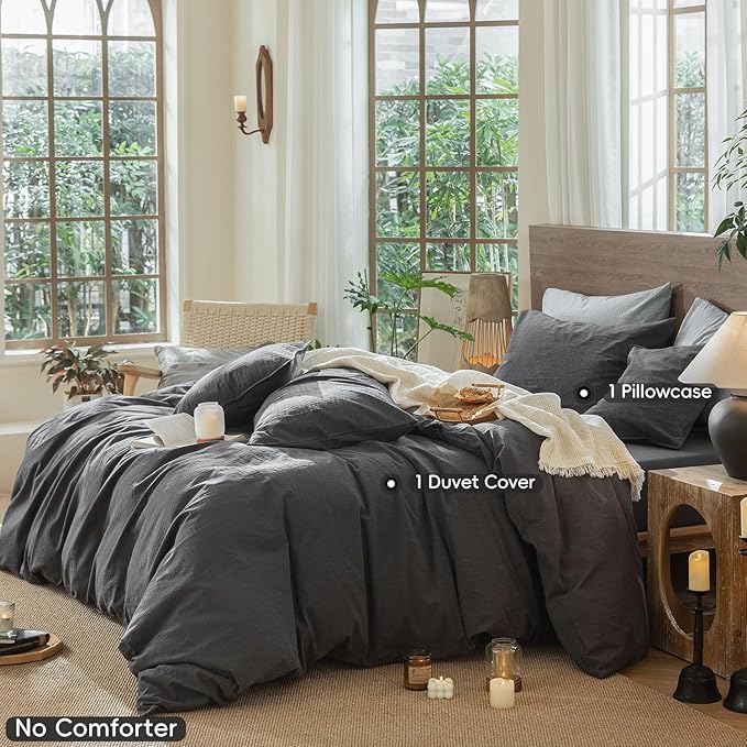 MooMee Wavy Striped Duvet Cover Set 100% Washed Cotton Linen Like Textured Breathable Durable Soft Comfy (Charocal Grey, Twin 68"x90")