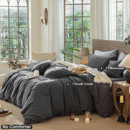 MooMee Wavy Striped Duvet Cover Set 100% Washed Cotton Linen Like Textured Breathable Durable Soft Comfy (Charocal Grey, Twin 68"x90")