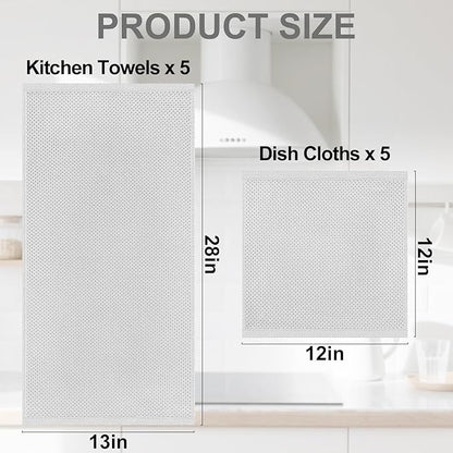 Homaxy 100% Cotton Kitchen Towels and Dishcloths Set, 12 x 12 Inches and 13 x 28 Inches, Set of 10 Bulk Kitchen Towels Set, Ultra Soft Absorbent Dish Cloths for Washing Dishes, Light Gray