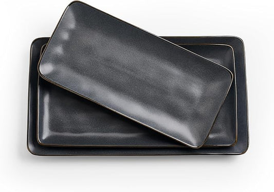 famiware Serving Platter, Rectangular 15.67/14.1/12.6inch Serving Dishes for Entertaining, Dishwasher Safe, Stoneware for Party, Food, Turkey, Snack, Cheese, Reactive Glaze, Matte Black