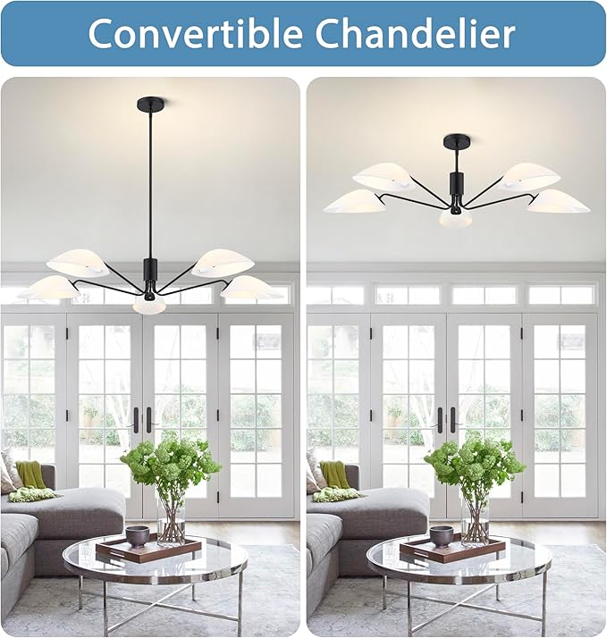 MEXO Modern Glass Chandeliers, Sputnik Chandelier Black Pendant Lighting Fixture Glass Shade Ceiling Light for Dining Room Kitchen Island