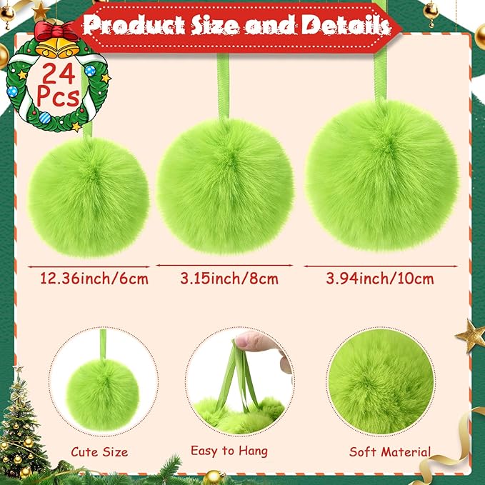 24 Pcs Green Furry Christmas Ball Ornaments for Tree 2.36/3.15/3.94 Inches Pom Pom Ball Christmas Hanging Decoration for Party Supplies Fireplace Mantel Wall Decor