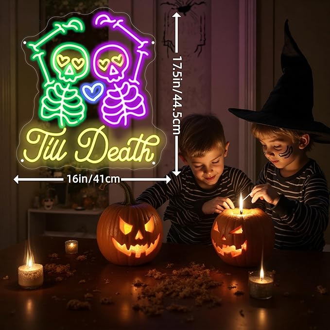Skull Till Death Neon Sign, Halloween Wall Sign, Horror Decor Wall Skull Neon Sign Engagement Party Decor Til Death Do Us Party