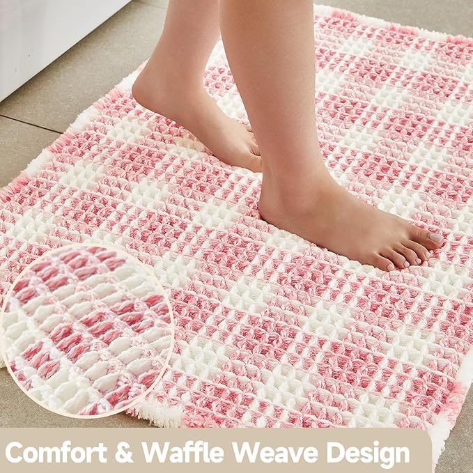 Waffle Runner Rug Bathroom, Long Boho Bathroom Rugs Non Slip Washable Absorbent Checkered Bathroom Mat Quick Dry Cute Bath Mat, 60"x24" Pink and White