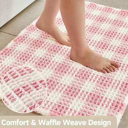 Waffle Runner Rug Bathroom, Long Boho Bathroom Rugs Non Slip Washable Absorbent Checkered Bathroom Mat Quick Dry Cute Bath Mat, 72"x24" Pink and White