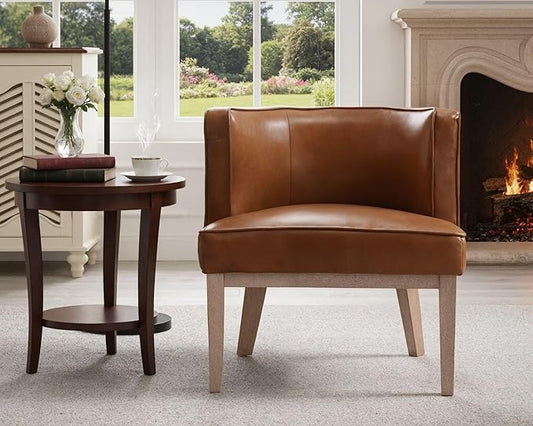 Comfy Barrel Chair Mid Century Modern Accent Chair with Solid Wood Leg Upholstered Reading Arm Chair Faux Leather Waiting Room Round Side Chairs for Small Spaces Living Room Bedroom Office, Brown